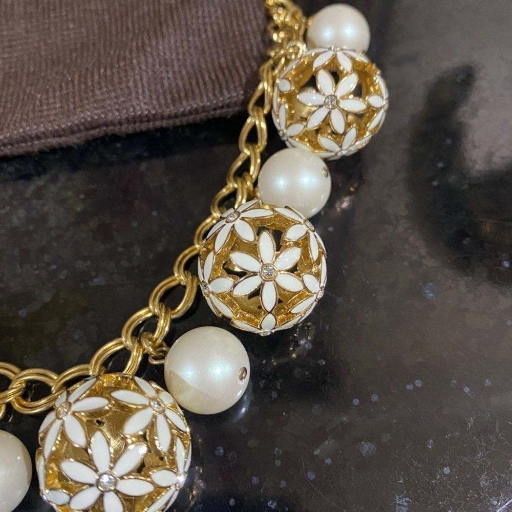 Kate Spade Crystal Enamel Faux Pearl Wallflower Collar Necklace Statement - Picture 6 of 8